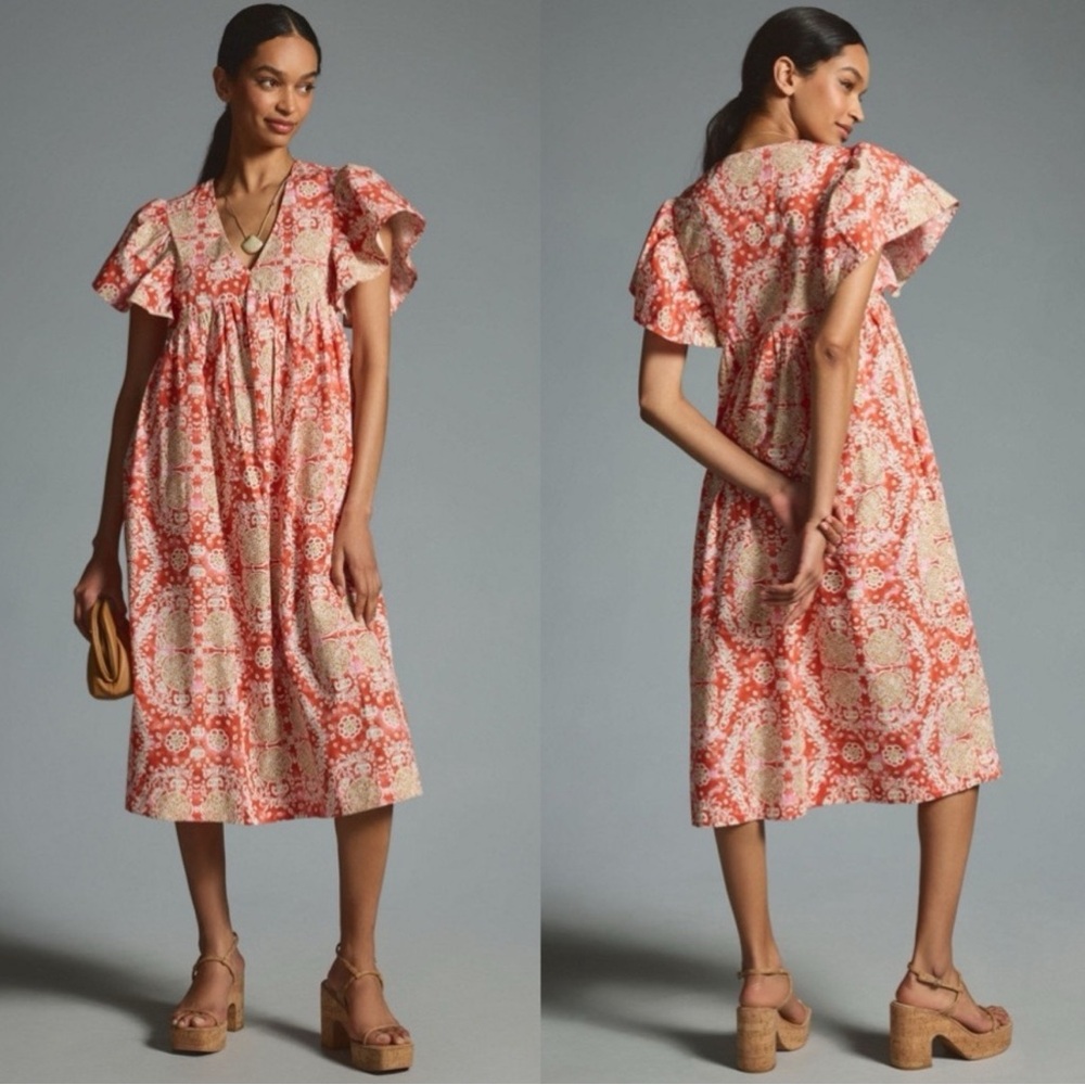 Anthropologie Maeve Printed Flutter Sleeve Babydoll Dress - Medium -with Pockets